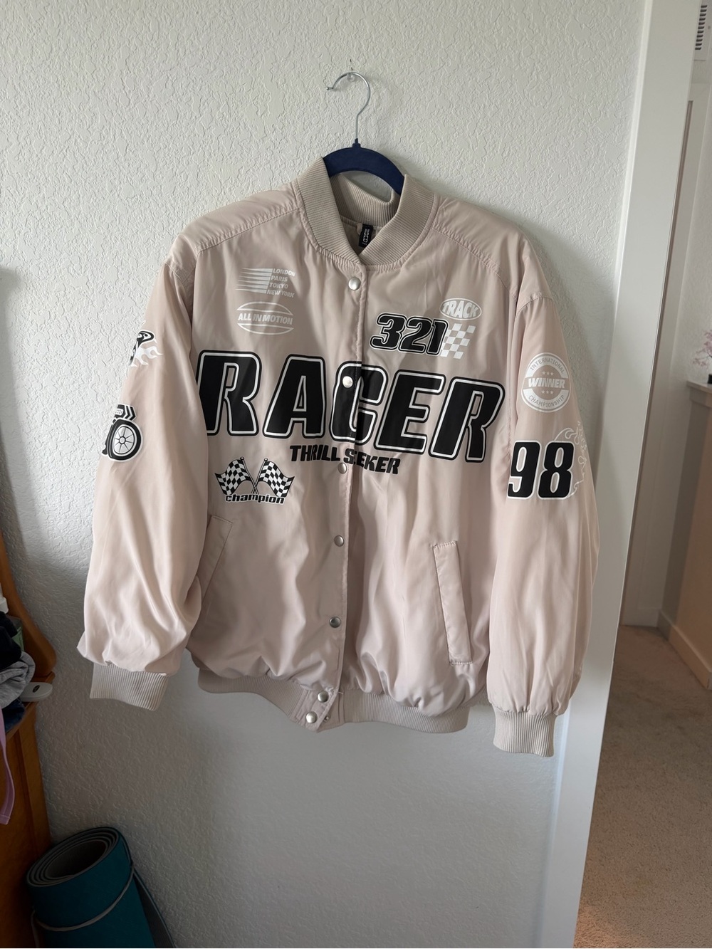 H&M Light Beige Bomber Jacket with Black Graphic